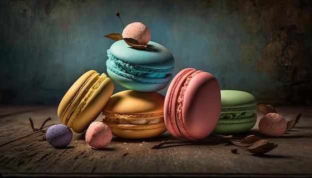 Many colorful macaroons on dark background Sweets for any celebration Generative AI