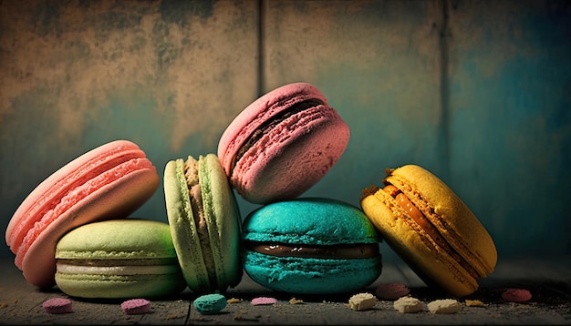 Many colorful macaroons on dark background Sweets for any celebration Generative AI