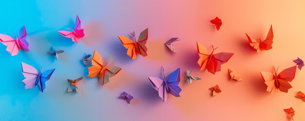 Many colorful origami butterflies are attached to a gradient background