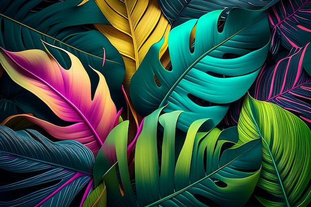 Many colorful tropical leaves background Ai generative