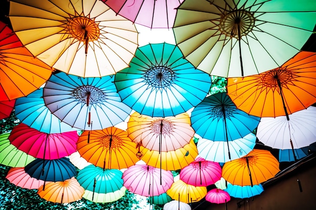 Many colorful umbrellas are hanging from the ceiling with the word " on the bottom. "