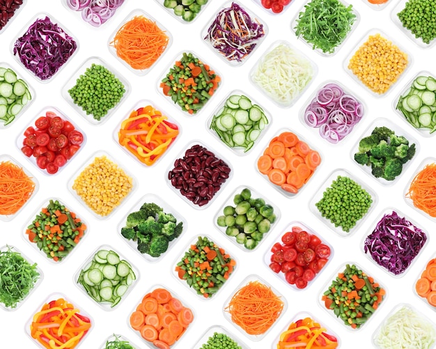 Many containers with different fresh vegetables on white background top view Collage