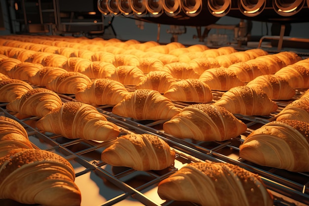 Many Croissants Baked in Electric Oven Bakery Background