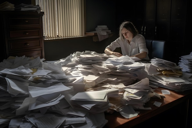 The many crumpled papers on desk of stressed male workplace Neural network AI generated