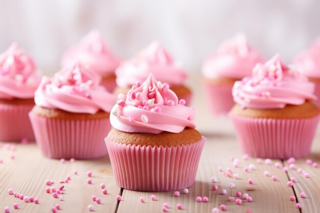 Many cupcakes with pink frosting and heart shaped sprinkles on white wooden table Postcard greeting card for Valentines day