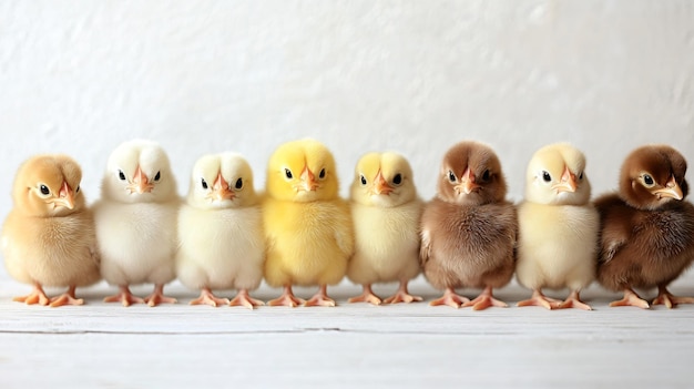 Photo many cute chicks on white wooden table closeup