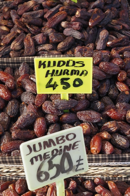 many date fruits display for sale at local market