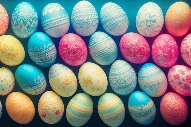 Many decorated easter eggs as background top view