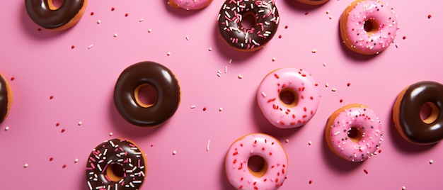 Many delicious donuts on pink background