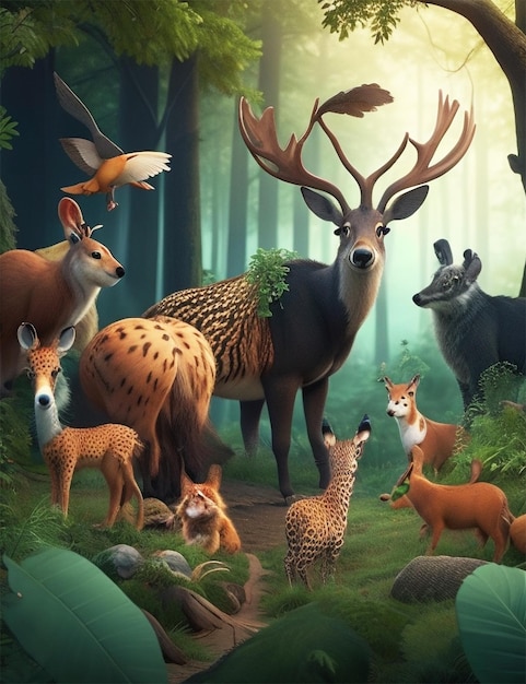 Many different animals in the forest scene