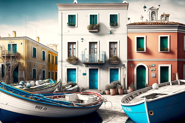 Many different boat stand at dock in city with white houses