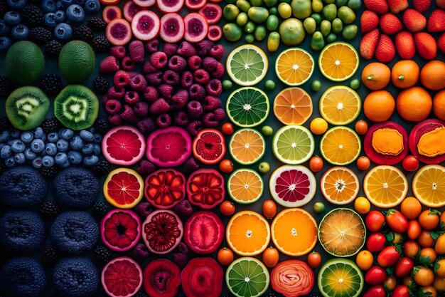 Many different fruits colorful background Neural network AI generated