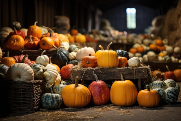 Many different and multicolored pumpkins in the hay Photo generative IA