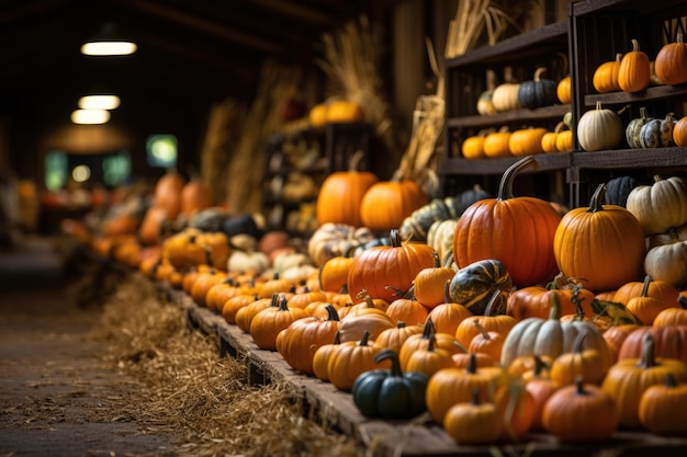 Many different and multicolored pumpkins in the hay Photo generative IA