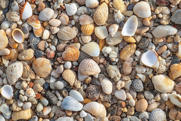 many different shells are on the ground and one is a heart shaped