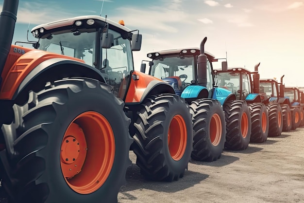 Many different tractors standing in row at agricultural fair for sale outdoorsEquipment for agricultureHeavy industrial machines presented to agricultural exhibition Agribusiness leasing concept