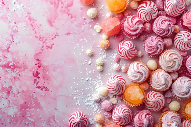 Photo many different types of candies and cupcakes on the table