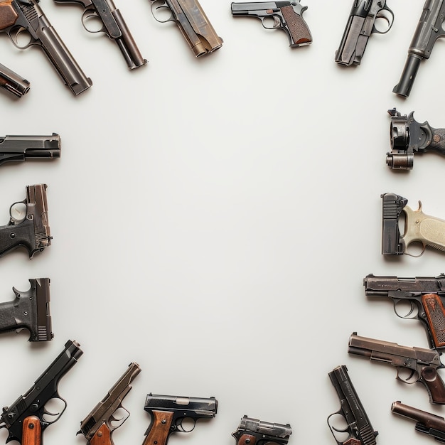 Photo many different types of guns on a white background top view