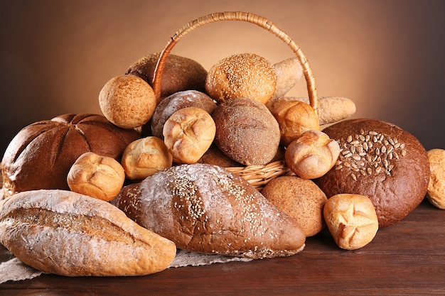 Many diverse bread on a wooden board