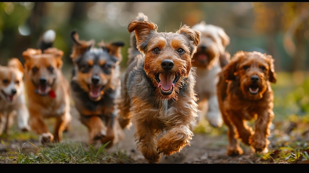 Many dogs run and play with a ball in a meadow a cute pack of Jack Russell Terriers