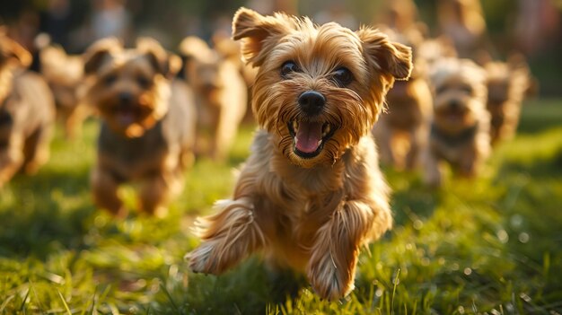 Many dogs run and play with a ball in a meadow a cute pack of Jack Russell Terriers