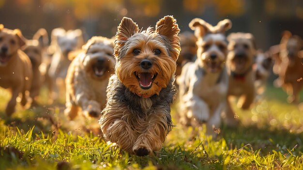 Many dogs run and play with a ball in a meadow a cute pack of Jack Russell Terriers