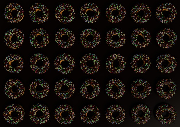 Many donuts placed on dark brown.