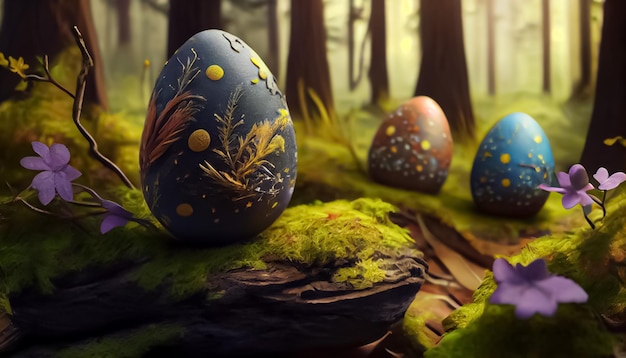 Many Easter eggs in the forest realistic