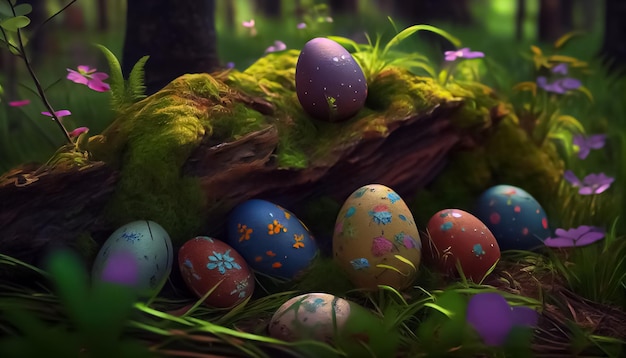 Many Easter eggs in the forest realistic