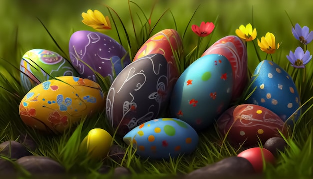 Many Easter eggs in the meadow realistic