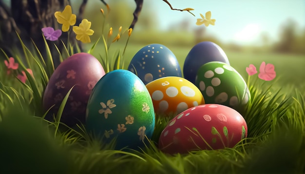 Many Easter eggs in the meadow realistic