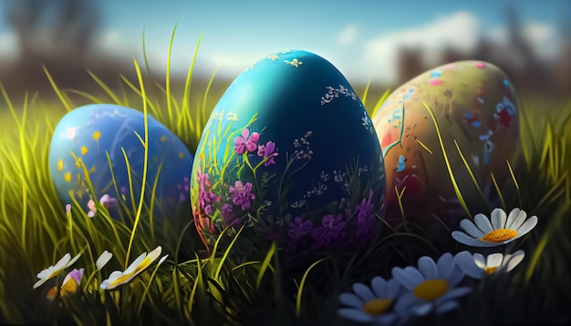 Many Easter eggs in the meadow realistic