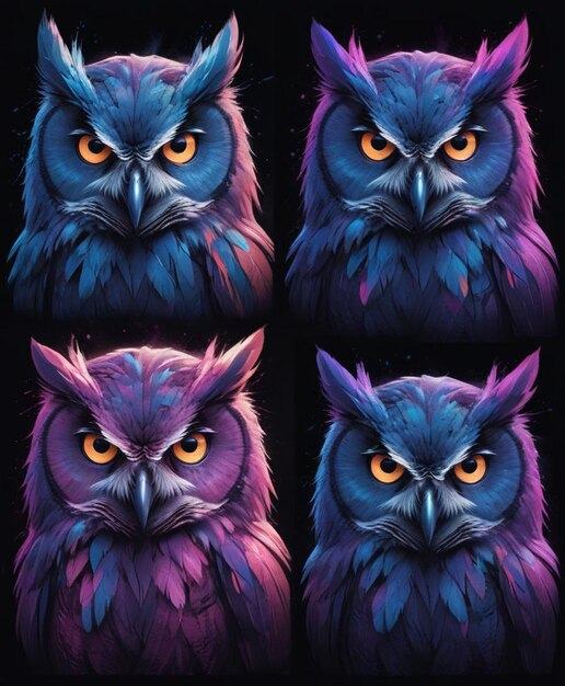 Photo the many faces of a blue owl with orange eyes