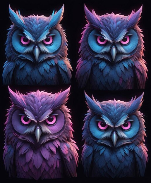 Photo the many faces of a blue owl with a pink light on the top