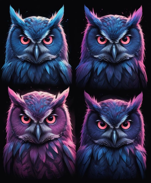 Photo the many faces of a blue owl with red eyes