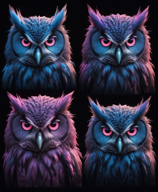 Photo the many faces of a blue owl with red eyes