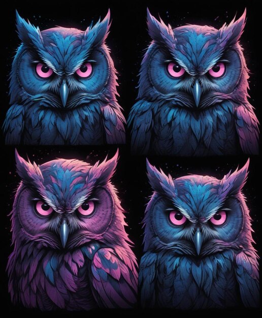 the many faces of owls with the purple and blue colors