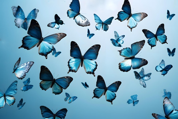 many flying blue butterflies on a sky background insects Flora and fauna