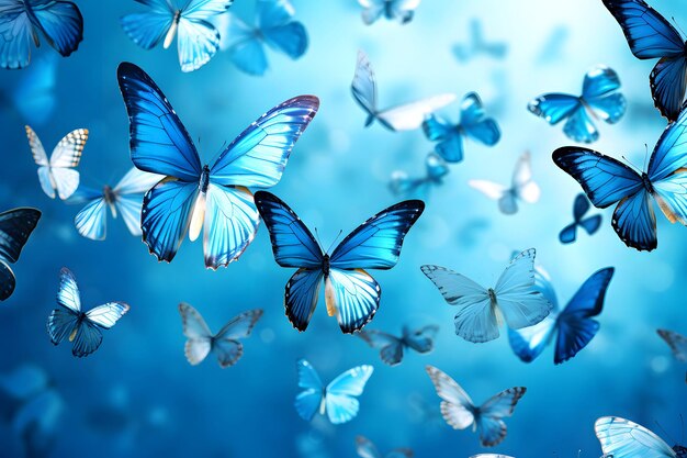 many flying blue butterflies on a sky background insects Flora and fauna