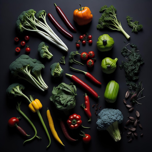 Many food fruits are lying on the black background Photo Ai Generated