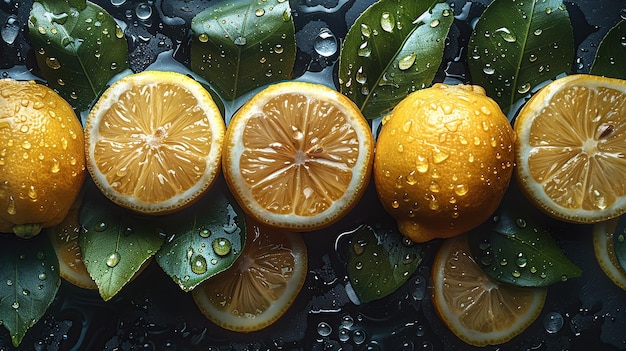 Many fresh ripe lemons with green leaves as background closeup