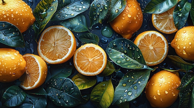 Many fresh ripe lemons with green leaves as background closeup