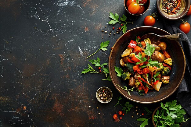 Photo many fresh vegitable saladon a dark rustic surface background