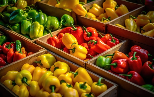 Photo many fresh yellow green and red sweet bulgarian peppers in wooden boxes farmers market