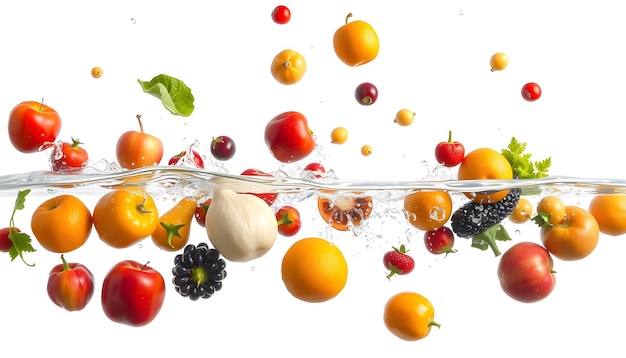 Photo many fruits and vegetables falling into water against white background isolated with white