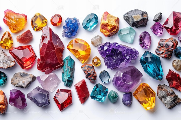 many gemstones on a white background