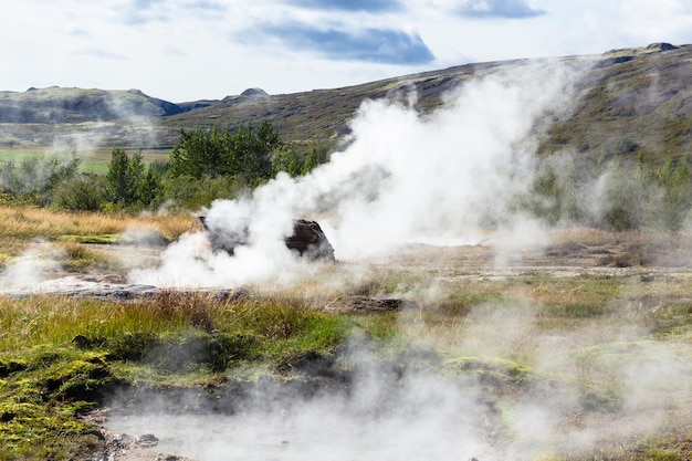 Many geysers in Haukadalur valley in Iceland