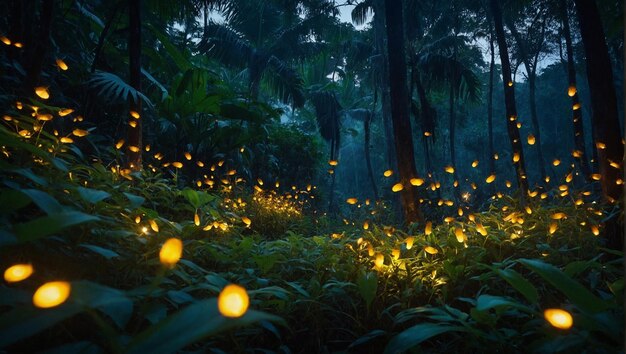 Many glowing torches shining in the dark woods of a forest