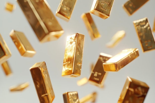 Many gold bars falling on white background