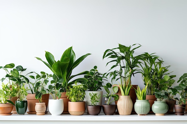 Many green potted houseplants near white wall on wooden table Copy space Generative AI